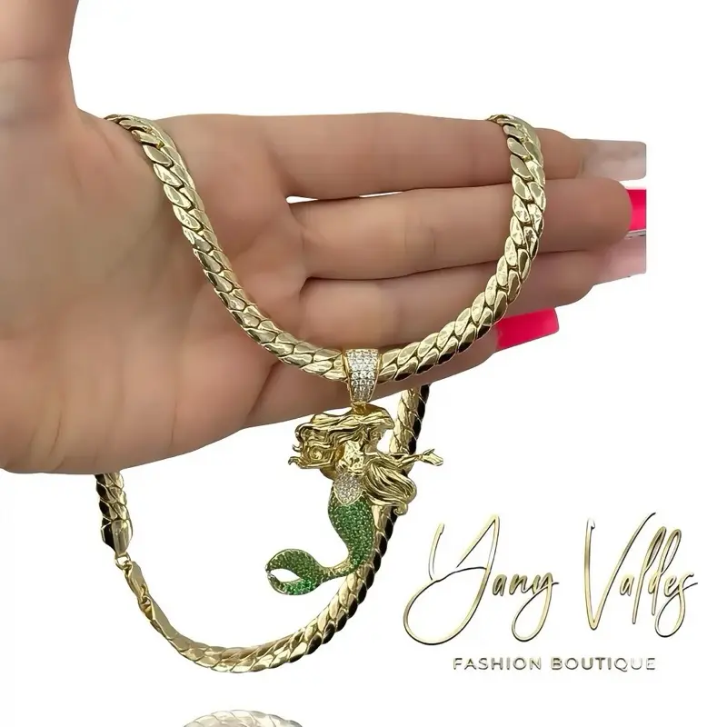 Cuban style chain with mermaid pendant gold tone 20 inches statement design