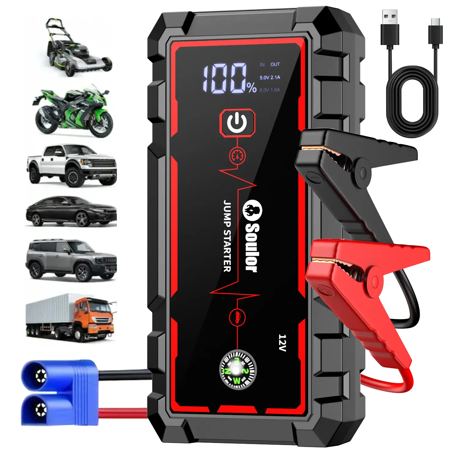 Soulor Portable Car Jump Starter with Power Bank, 8000mAh 12V Battery Booster, USB Charging for Phones & Tablets, LED Emergency Light, LCD Display, Heavy-Duty Clamps for Cars, SUVs, Trucks & Motorcycles