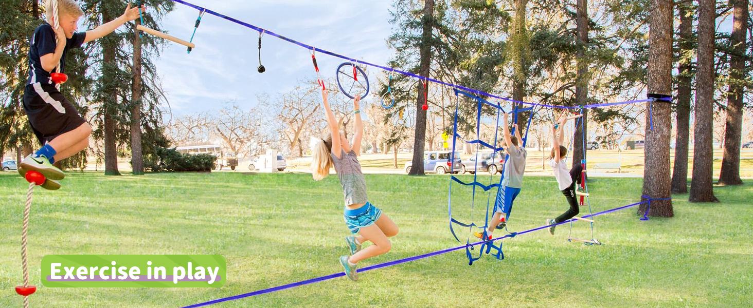 65 FT Warrior Course for Kids with 12 Accessories - 600lbs Weight Capacity, Slackline with Swing Seat, Disc Swing,Rope Ladder, Arm Trainer Playground Equipment Climbing Net Ninja Obstacles Gymnastic Ring Adjustable 65 FT Warrior Course for Kids with 12 Accessories - 600lbs Weight Capacity, Slackline with Swing Seat, Disc Swing,Rope Ladder, Arm Trainer Playground Equipment Climbing Net Ninja Obstacles Gymnastic Ring Adjustable