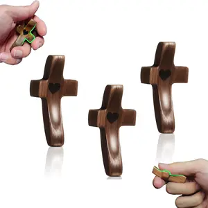 3Pcs Wooden Cross Fidget Encouragement Gift Handcrafted Walnut Pocket Cross Handheld Prayer Stress Relief Christian Faith Gifts Religious Easter Day Gifts