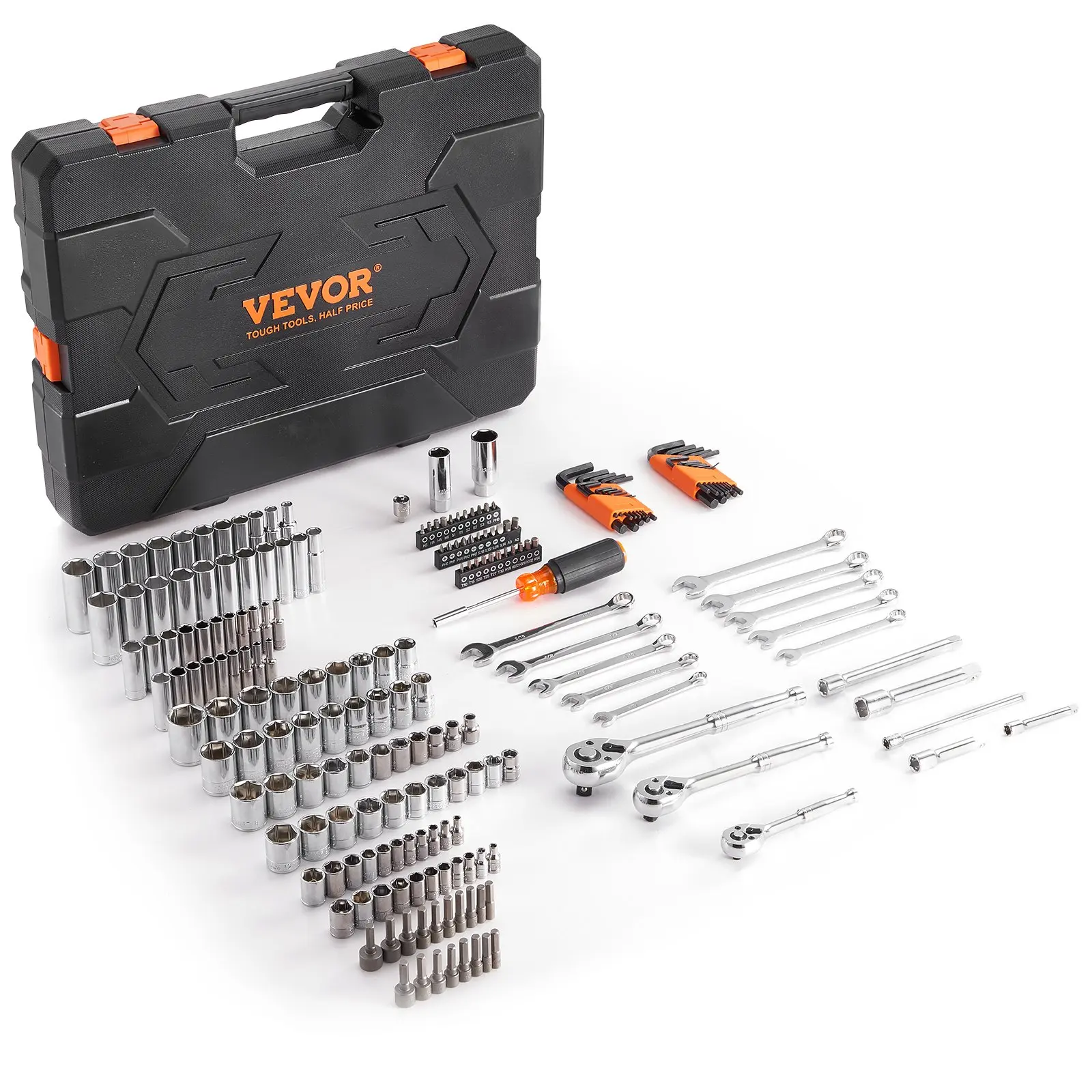 VEVOR Mechanics Tool Set, 205 Pcs 1/4" 3/8" 1/2" Drive Deep and Standard Sockets, SAE and Metric Mechanic Tool Kit with Bits, Combination Wrench, Hex Wrenches, Accessories, Storage Case VEVOR Super Brand Day, Multifunctional Tool Kit, Repair Toolkit