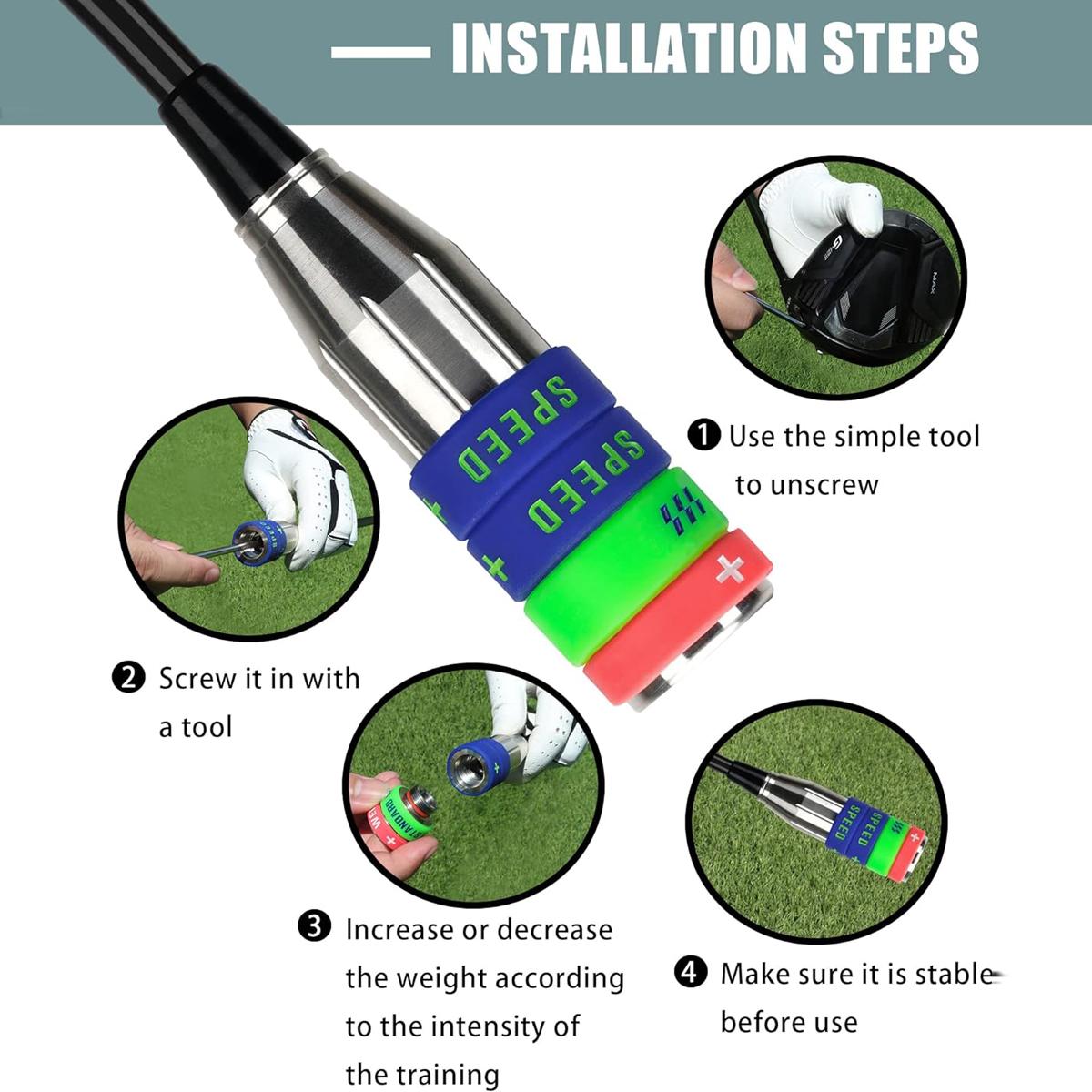 Golf Swing Speed Trainer Adjustable Training Equipment with Three Weight Configuration Options, Compatible with All Major Golf Clubs