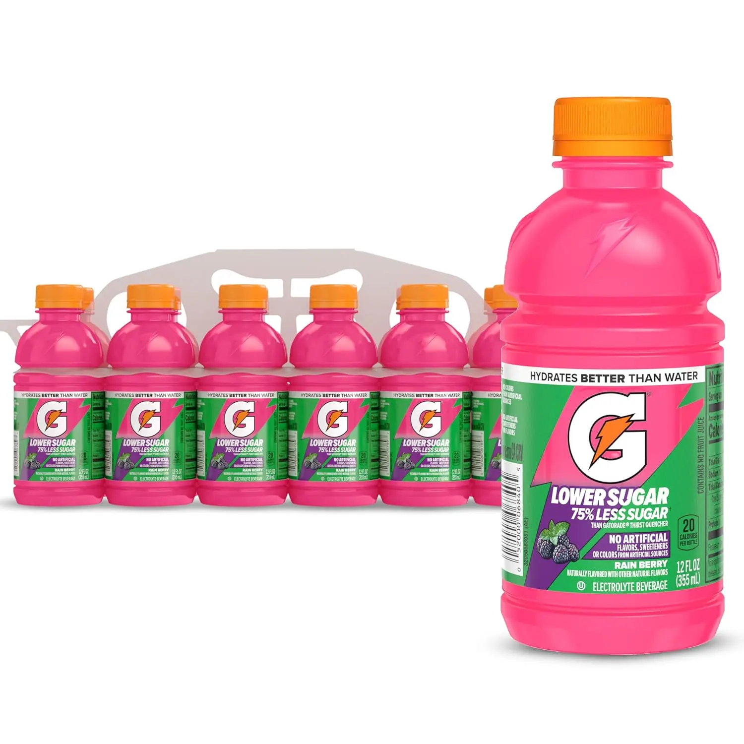 Gatorade Lower Sugar Electrolyte Sports Beverage - Pepsico Stevia-Sweetened, Dye-Free Fruity Rain Berry Flavor, 12 fl oz Liquid Plastic Bottles, 12-Pack, 75% Less Sugar Hydration Drink