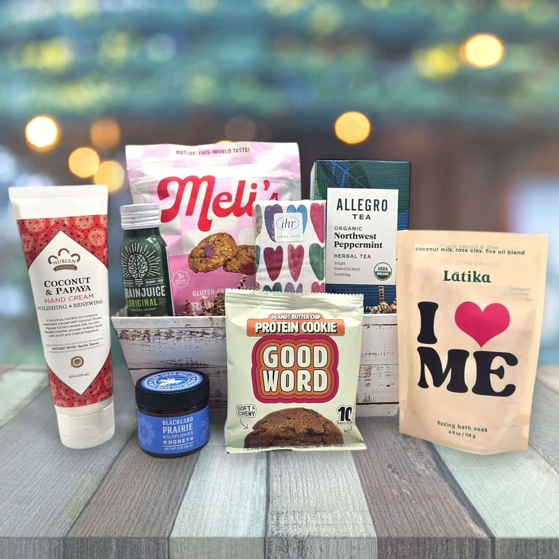 itsonlynaturalgifts Fun Feel Better Treats Gift Basket with Mango Peach Energy Boost Drink Mini Oatmeal Raisin Cookies Organic Green Tea Wildflower Honey Texas Maple Pecan Snack Bar Sweet Set