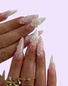 Aura Nails - Pearl Bridal Press On Nails  Handpainted 3D Floral White Nails  Elegant Wedding Nail Set  Luxury Press On Nails