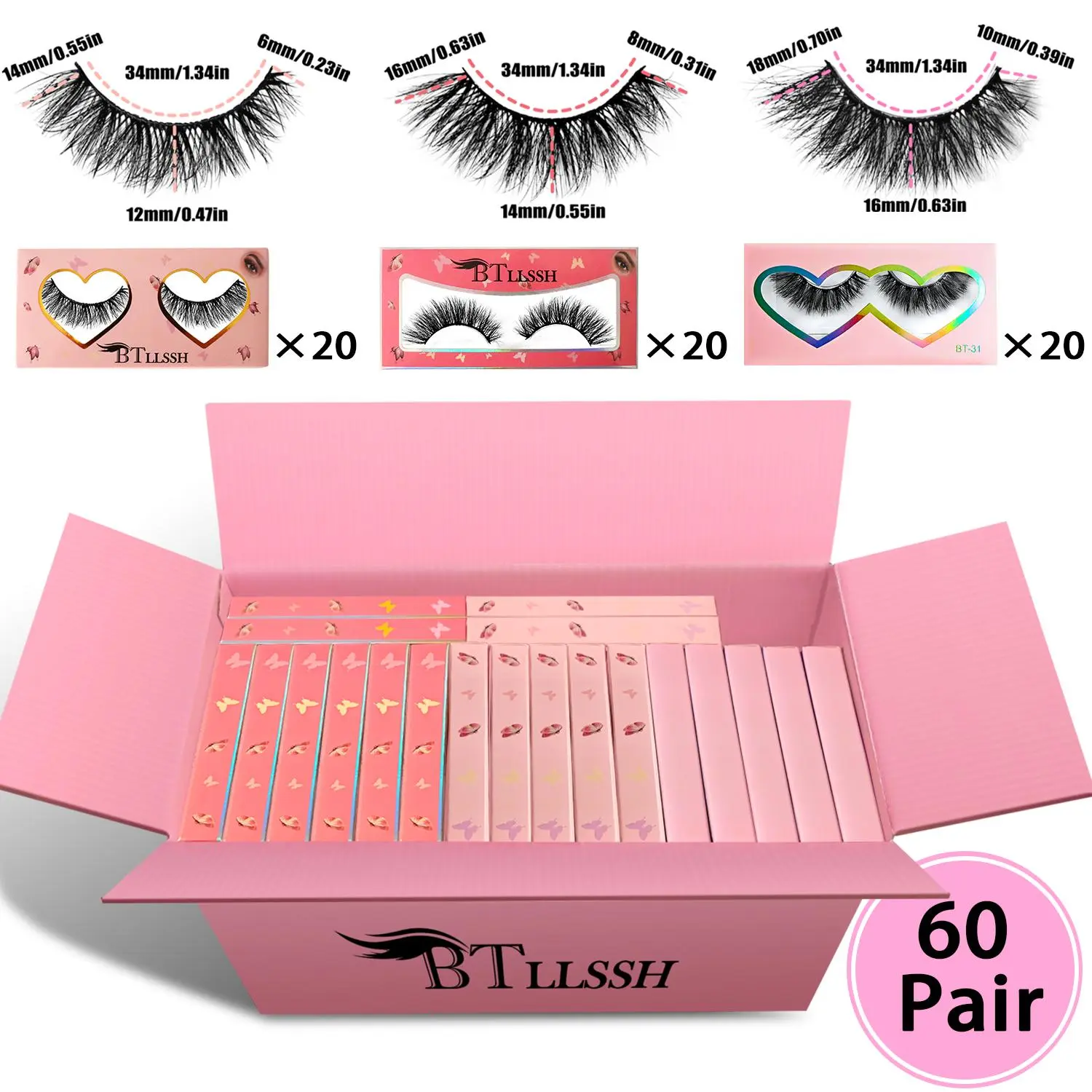 60 Pairs Cat Eye False Eyelashes with Box, Eyelash Extension, Cosmetic False Lashes, Synthetic