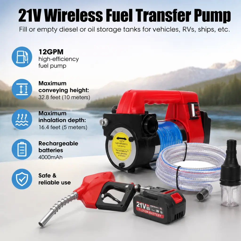 Fuel Transfer Pump Battery Powered - cordless transfer pump 12GPM 21V 260W Diesel & Kerosene Transfer Pump, Auto Shut-off Nozzle, for Truck/Tractor/Generator