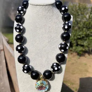 Midnight Polka Statement Necklace – Gloss Black & Crystal Drop