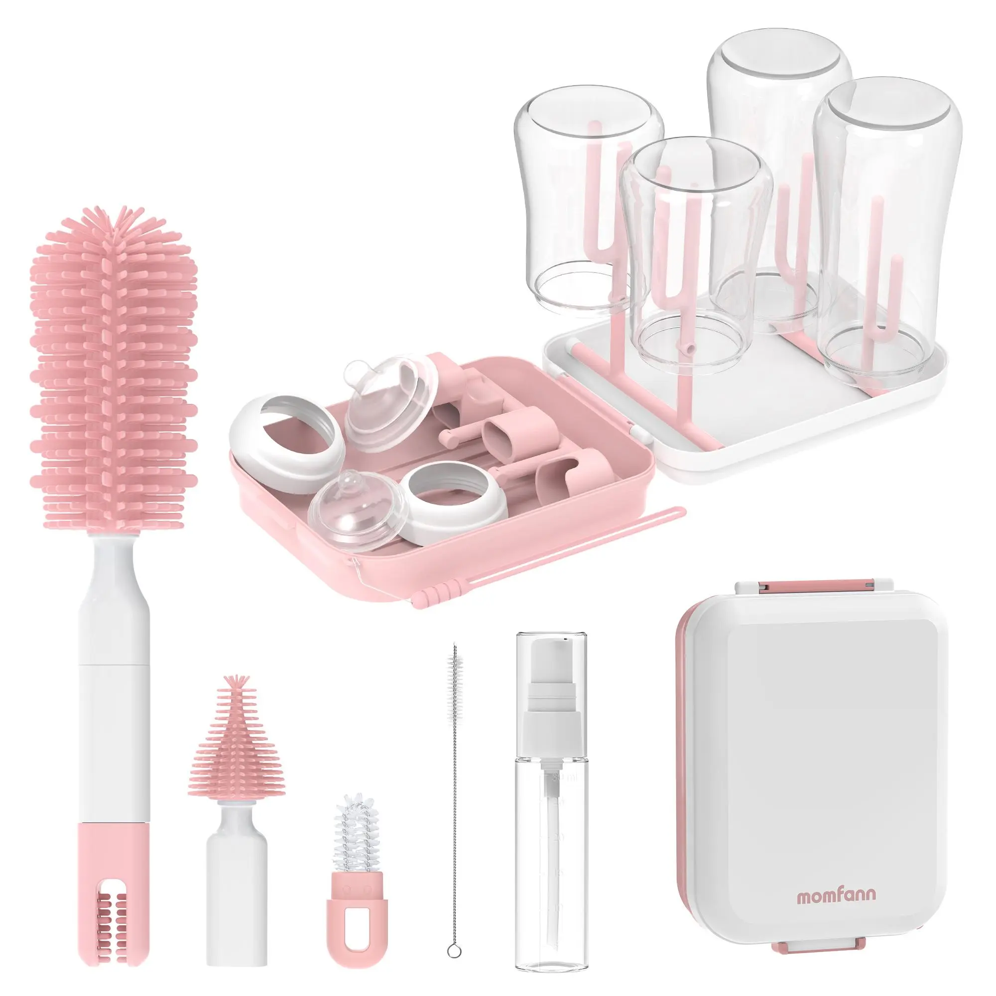 MOMFANN Baby Bottle Brush Set,8 in 1 Magnetic Design Cleaner Bottle Brush Kit with Silicone Brush,Drying Rack for Baby Bottle, Breast Pumps,Nipples - Home&Travel Gift for New Parents