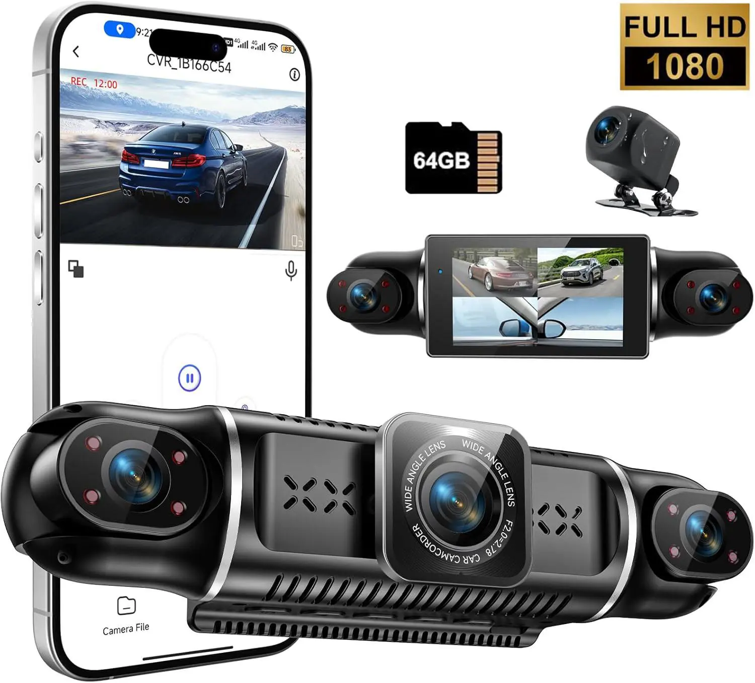 4 Channel Compact Full HD Dash Cam with Glass Lens, 360-Degree Coverage, Camera Security, High-Speed WiFi, 24/7 Monitoring, Built-in G-Sensor, IR Night Vision, WDR Glare Control, 64GB SD Card, APP Control, Plug&Play, Daily Commuting Automotive Gift, Front