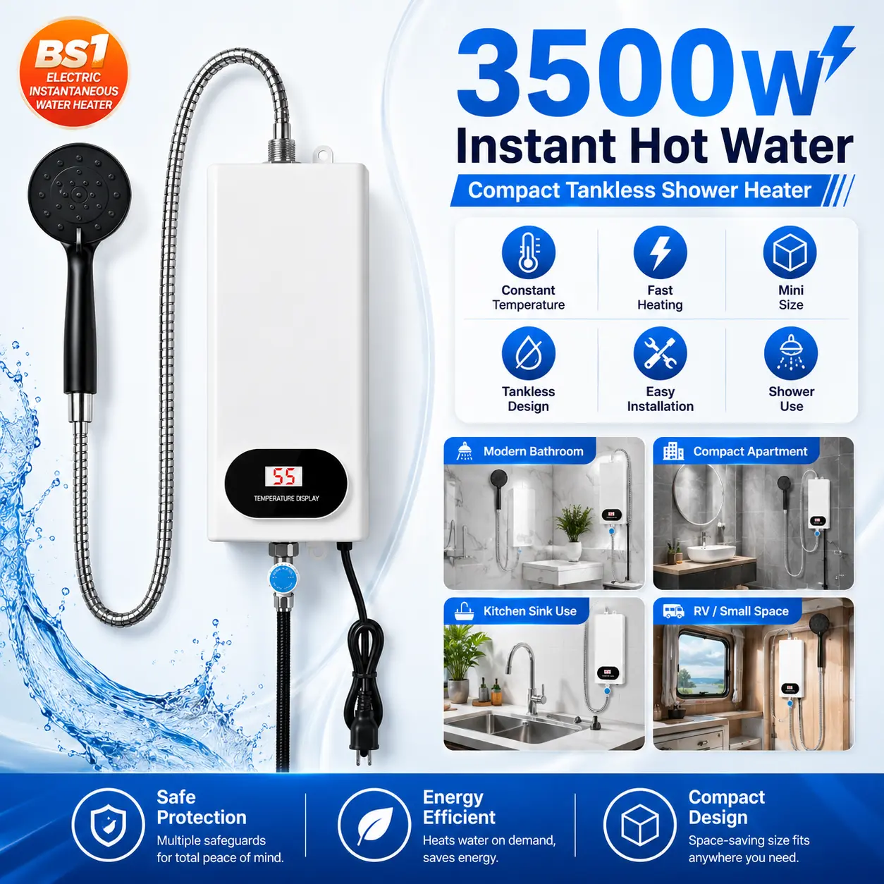 3500W Tankless Electric Water Heater with LCD Display – Instant Hot Water, Easy Install for Bathroom, Kitchen & RV #SummerVibes