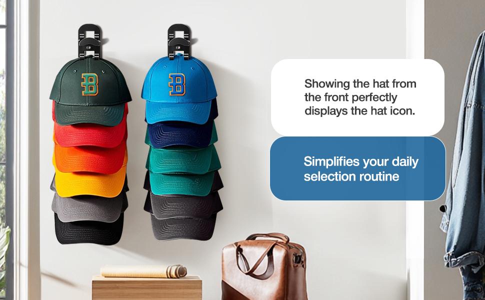 2 Pack Hat Organizer Wall Mounted Baseball Cap Hold up to 20 Hats Black or White Hat Rack for Wall with Strong Adhesive and Wall Drilled for Door Bedroom Closet Easy Access Display Hat Hanger Holder Multilayer Two Mounting Option Hat hook on wall