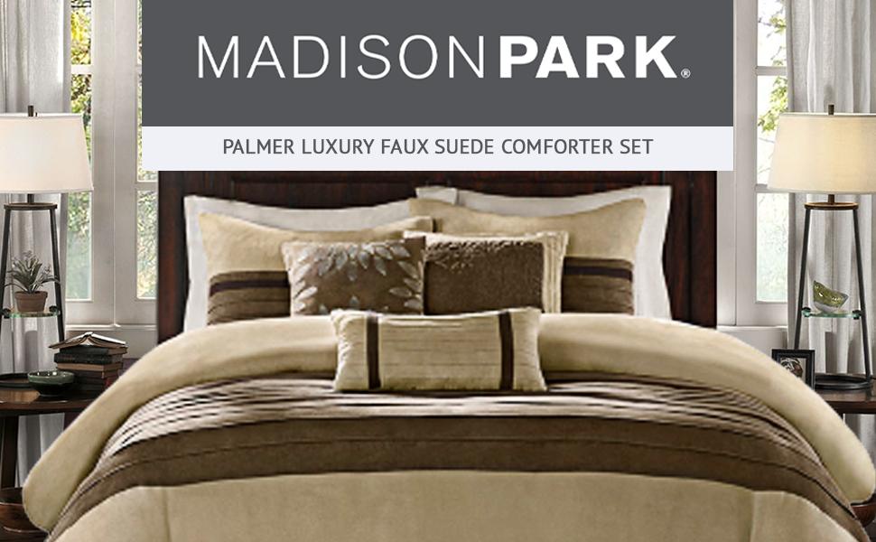 Madison Park Palmer 7 Piece Comforter Set - Pieced Microsuede with Embroidery Details