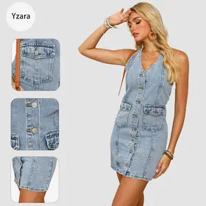 Retro Chic Button-Down Denim Mini Dress Sleeveless V-Neck Bodycon Jean Dress with Pockets