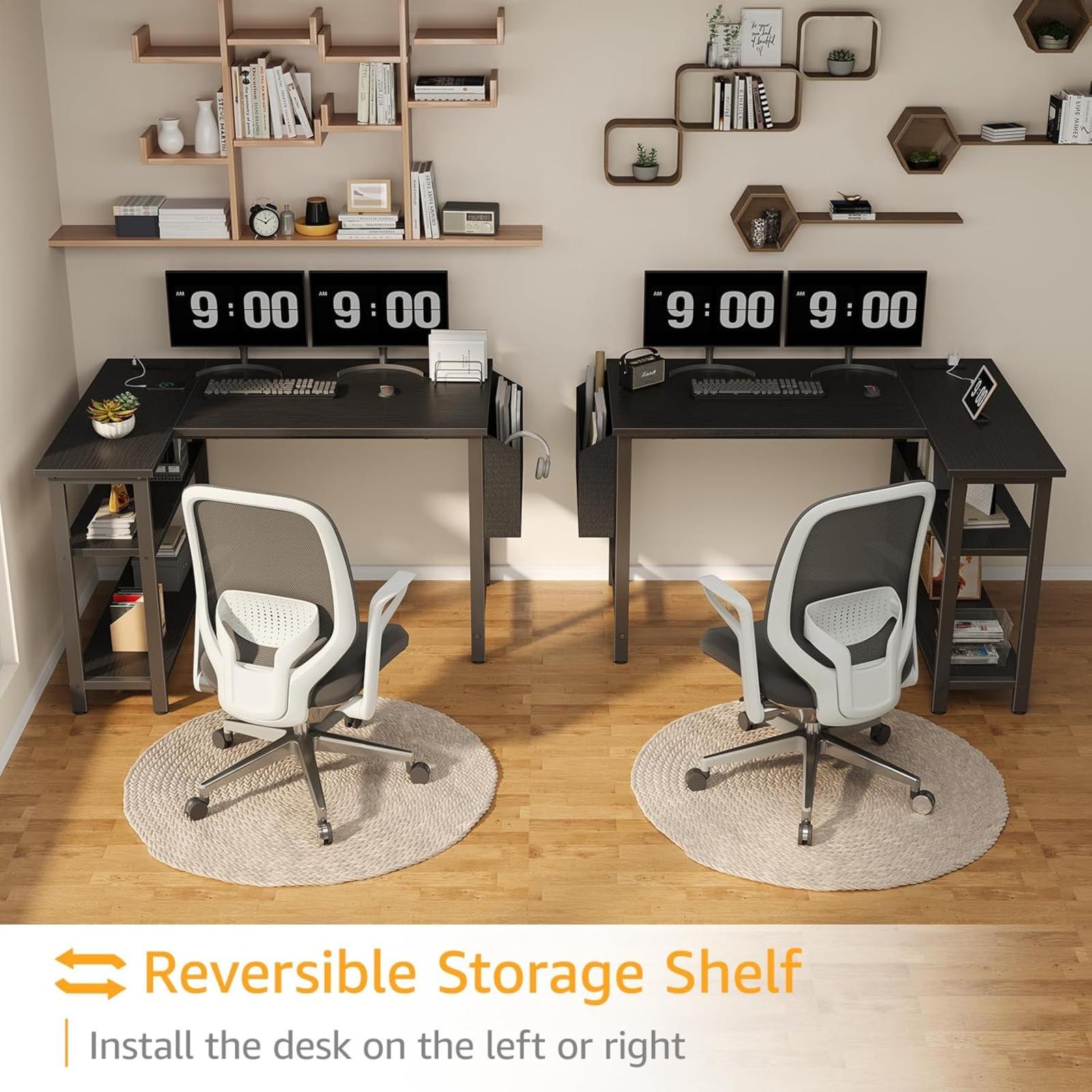 Black L Shaped Desk with Shelves Power Outlet, 40 Inch Small Corner Computer Gaming Desk for Small Space Home Office, Study Work PC Desks for Bedroom, Black, Get Free Gift Black L Shaped Desk with Shelves Power Outlet, 40 Inch Small Corner Computer Gaming Desk for Small Space Home Office, Study Work PC Desks for Bedroom, Black, Get Free Gift