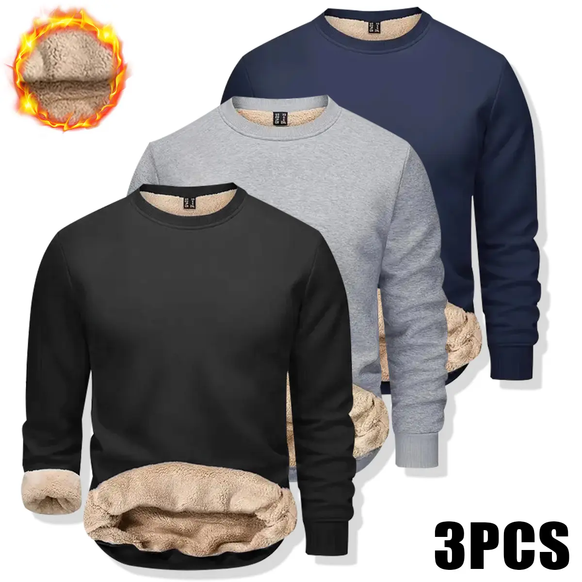 3-Pack,Men's Fleece-Lined Warm Pullover Sweatshirt , LongSleeve, Round Neck for Fall/Winter Comfort, FleeceSweatshirt,clothes for back to school,first day of school outfits
