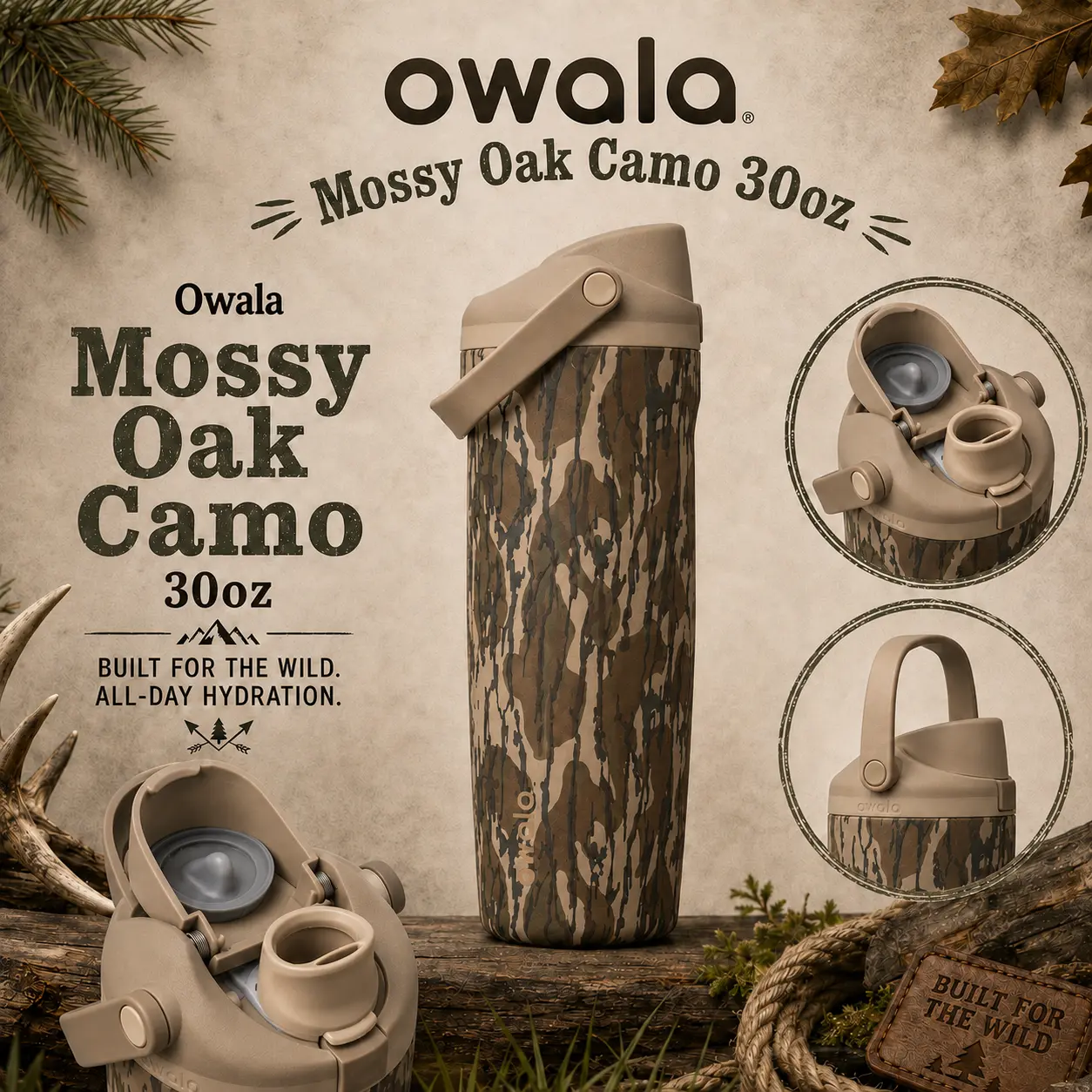 Owala Mossy Oak Camo 30oz FreeSip Sway Insulated Stainless Steel Bottle for Hunting, Fishing, Camping, Work & Road Trips