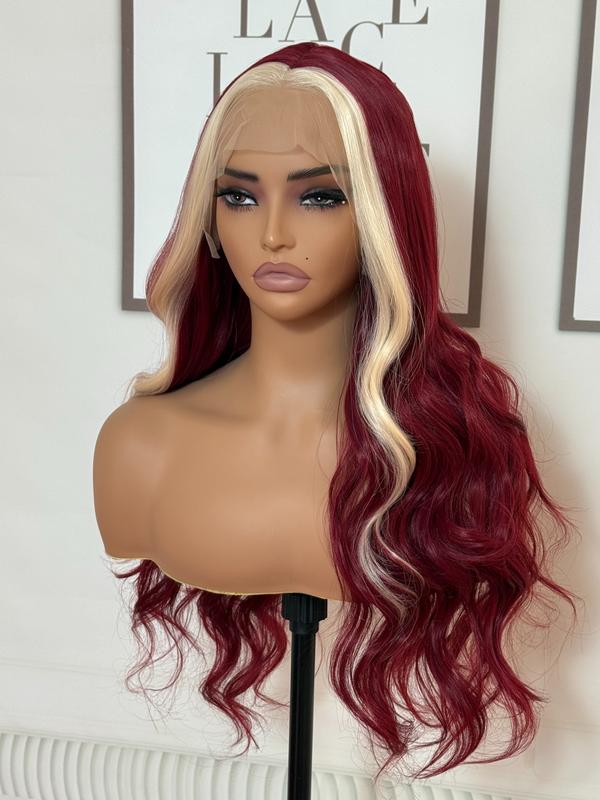 26 Inch Burgundy Red with Cream Blonde Highlights - Silky Body Wave Heat Resistant Fiber Wig Natural Hairline Red Highlight Wig