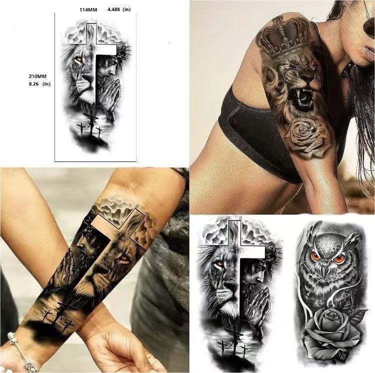 36 Sheets Large Black Temporary Tattoo Stickers with Tribal Wolf Tiger Lion Skull Designs for Men Women 12 Big & 24 Tiny Fake Tattoos for Arms Chest Shoulders