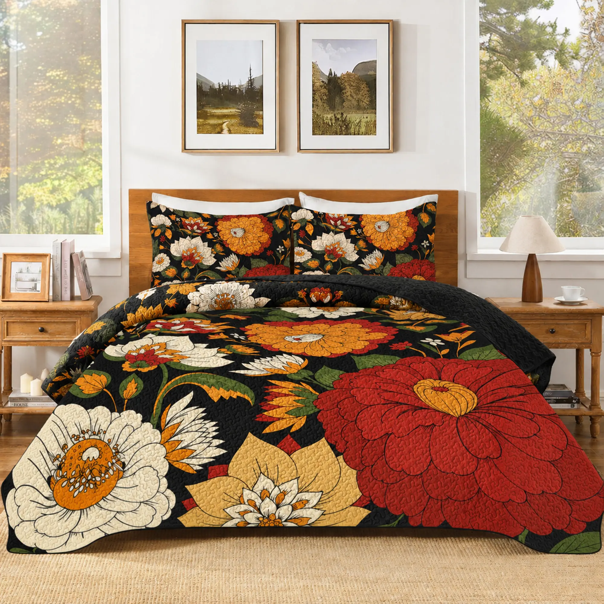 King Size (106in x 96in) 3-Piece Boho Floral Quilt Set with 2 Shams - Skin-Friendly Microfiber Bedspread Coverlet, Dark Botanical Mid-Century Leaves Reversible Lightweight All-Season Bedding, Plants Accent for Bedroom Decor, Machine Washable Gift, Farmhou