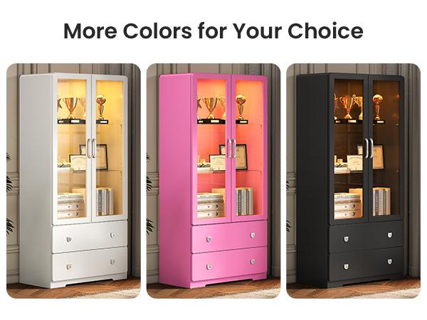 RoyalCraft Dopamine Display Cabinet with Acrylic Doors, Modern Storage Cabinet with LED Lights, Bookcase with Drawers & Adjustable Shelves, 3-Tier Curio Cabinet for Living Room, Home Office, DopamineDecor