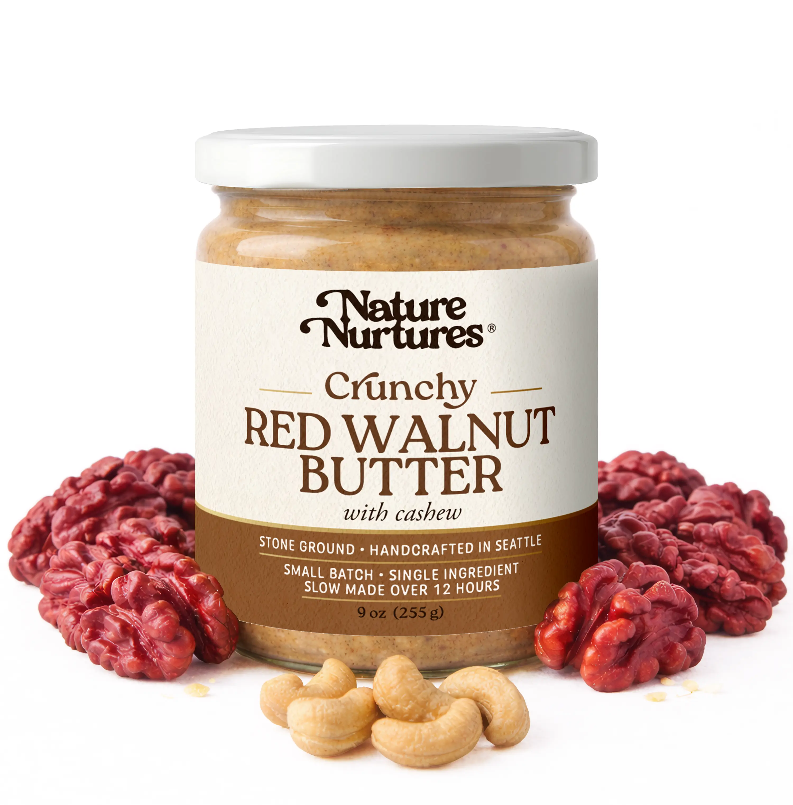 Crunchy Red Walnut Butter with Cashew · Raw · Stone Ground · Slowly Made Over 12 Hours · Small Batch · Handcrafted in Seattle USA · High Protein · No Added Sugar · No Palm Oil · Unrefined · 100% Pure & Natural · Packed in Glass Jar · 9 oz (255 g)