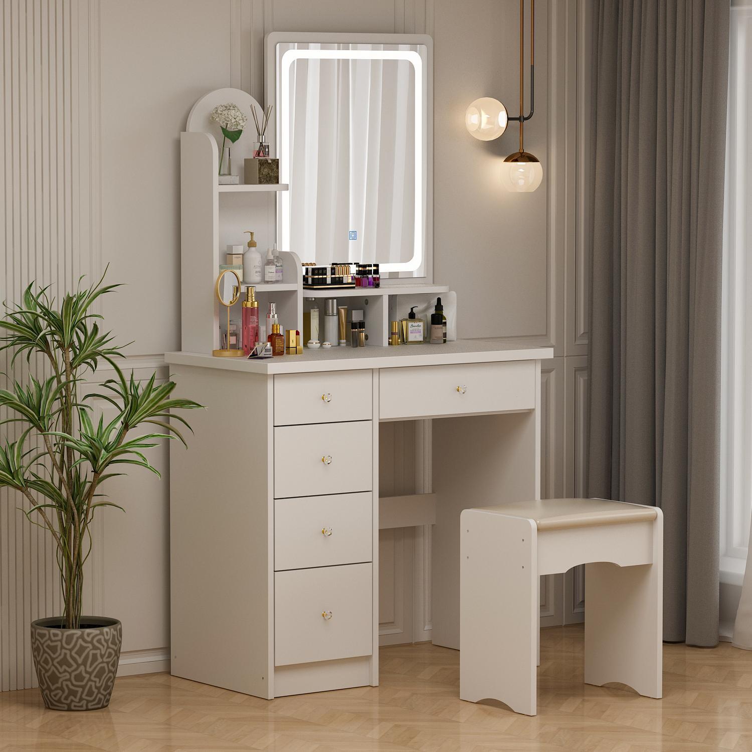 FUFU&GAGA LED Makeup Vanity Set with Drawer and Shelf, Wood Dressing Table with Lighted Screen Mirror and Jewelry Organizer for Bedroom,