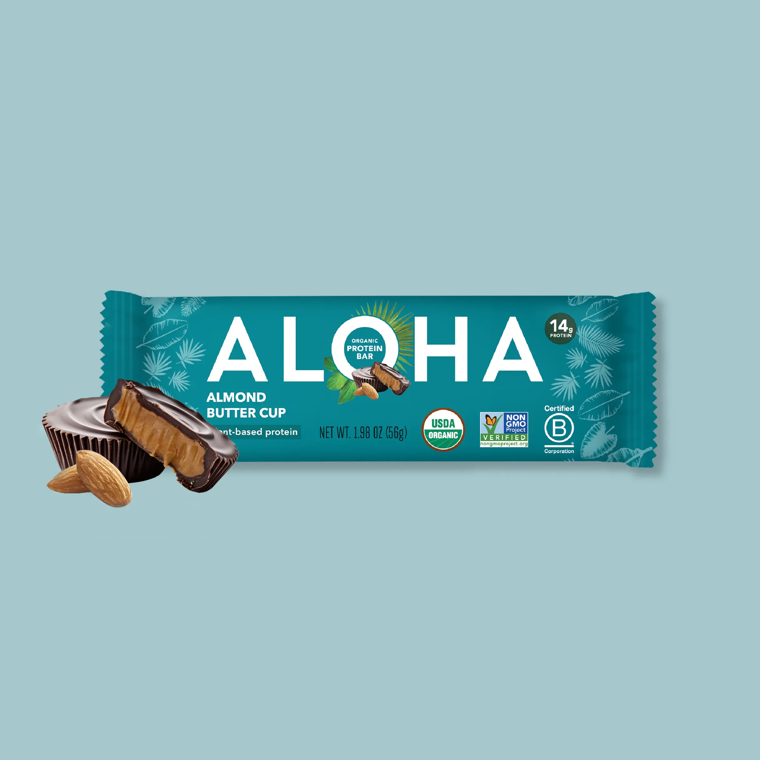 ALOHA Almond Butter Cup Protein Bar | 12 Bars | 14g Plant Protein, 5g Sugar | USDA Organic, Vegan, Gluten-Free | Creamy Almond Butter + Dark Chocolate