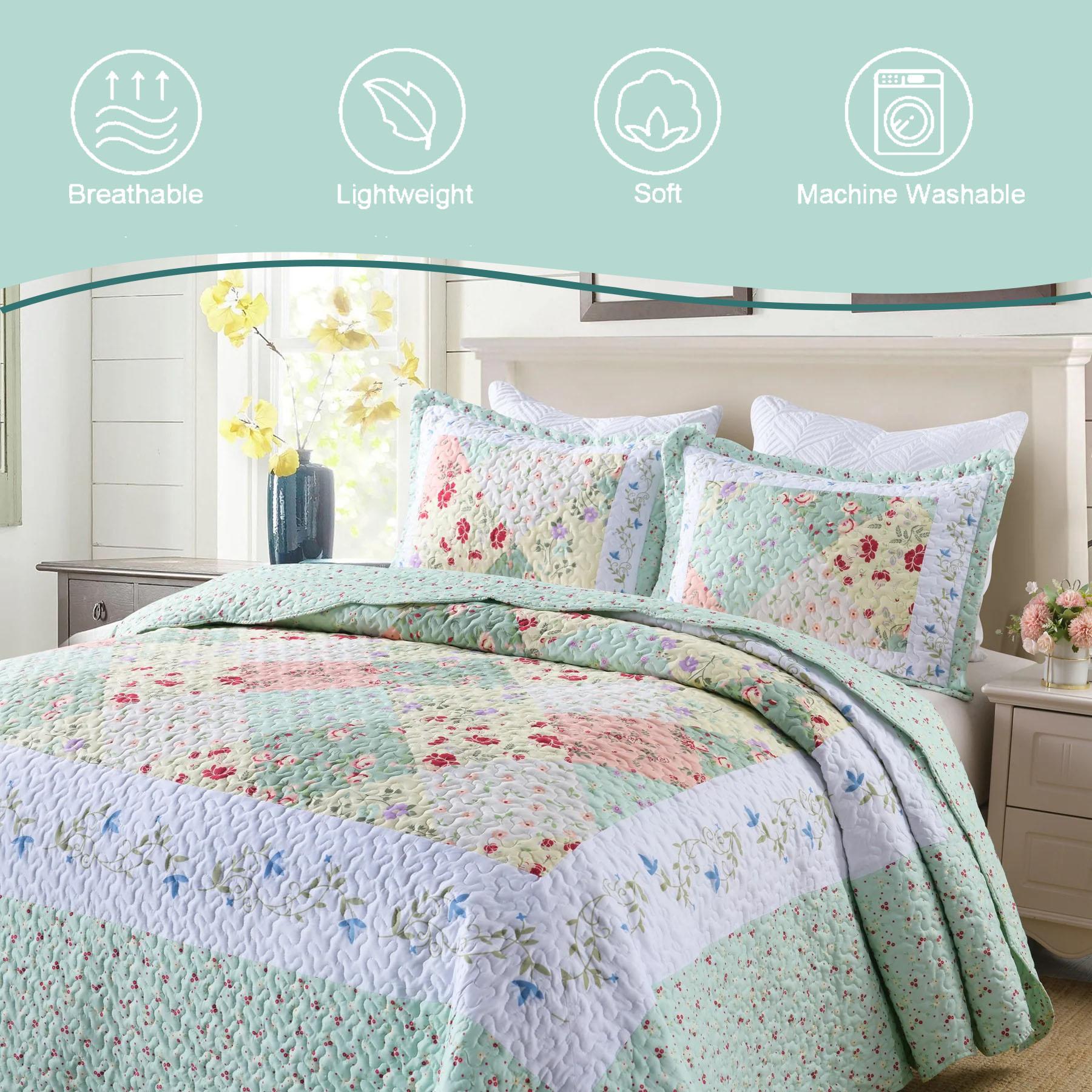 3 Piece Floral Patchwork Quilt Bedspread Set Lightweight Polyester Embroidered Quilted Bedspreads for Queen King Size Beds Flat Weave All Season