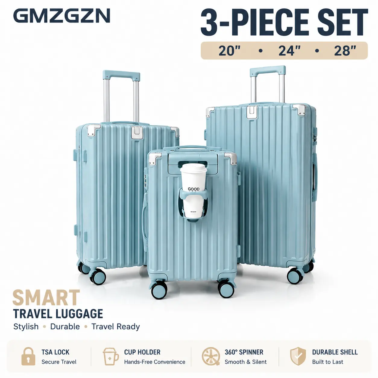 GMZGZN 3-Piece Hardshell Travel Bag Set - TSA Approved, Quiet 360 Rotation 4 Wheels, Combination Lock, USB Port, Cup Holder, PC+ABS Shell, 20/24/28in Spinner Carry On Luggage, Adjustable Trolley, Lightweight, High-Capacity Nestable Multi-Compartment Set