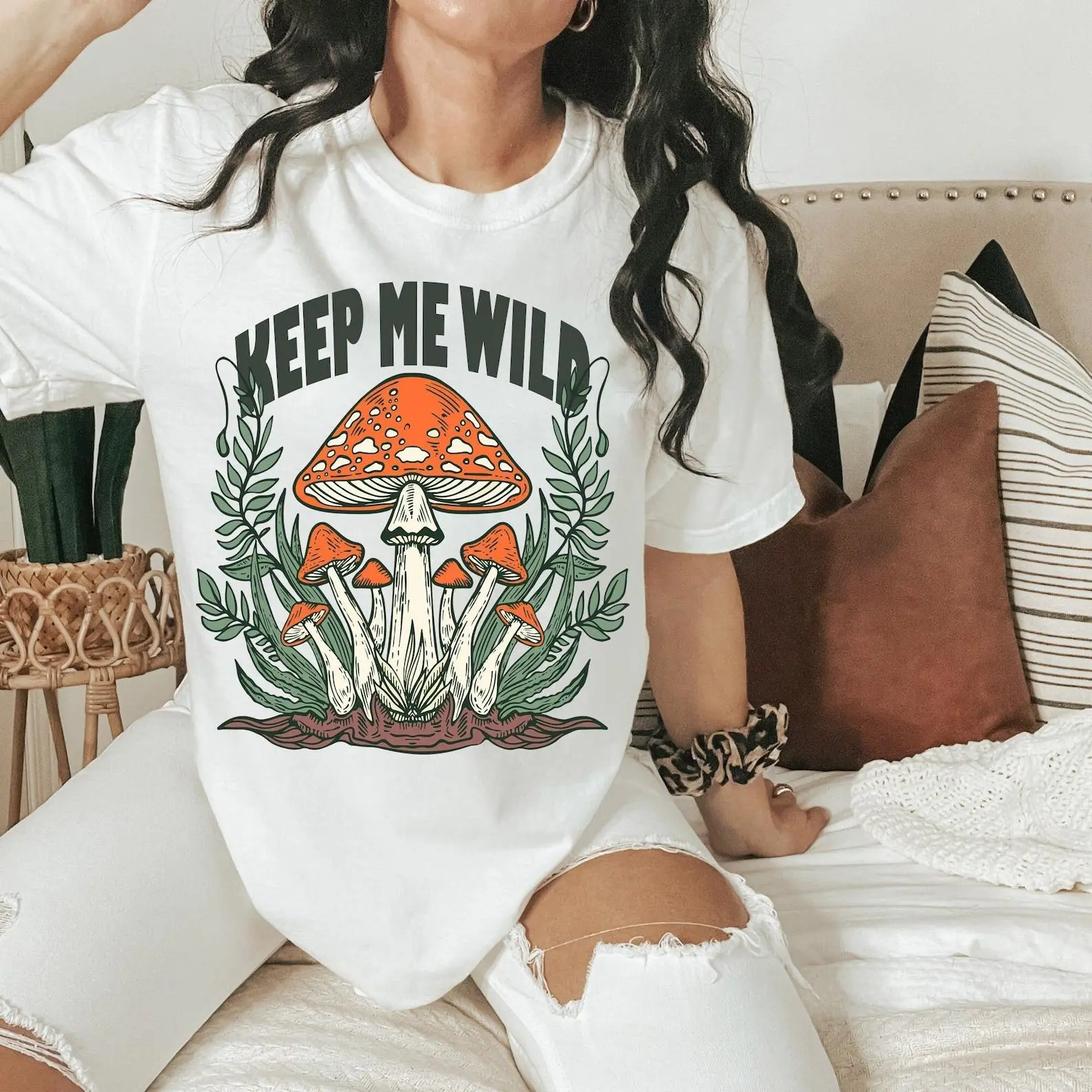 Women's 100% Cotton Oversized Printed Short-Sleeve Round-Neck Graphic Tee - Snake, Mushroom, Celestial Theme, Mystical Boho Retro Vintage Nature, Unisex Casual Streetwear Gift Top