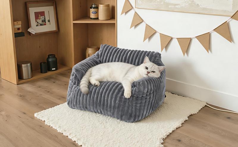 LIKIMIO Pet Couch Bed 24 & 30 Inch - Corduroy Fluffy Sofa for Cats & Small/Medium Dogs, Removable Washable Cover, Supportive Indoor Pet Furniture