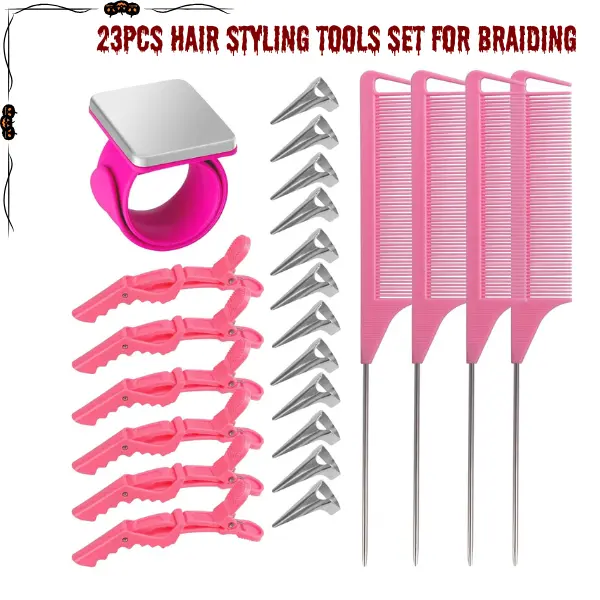 23PCS Professional Hair Styling Tools Set - Braider Tool, Hairdresser Accessories, Carry-Light Metal Plastic Kit with Sectioning Rings, Rat Tail Combs, Clips for Clipping in Place, Wrist Pin Holder, Home/Salon Use