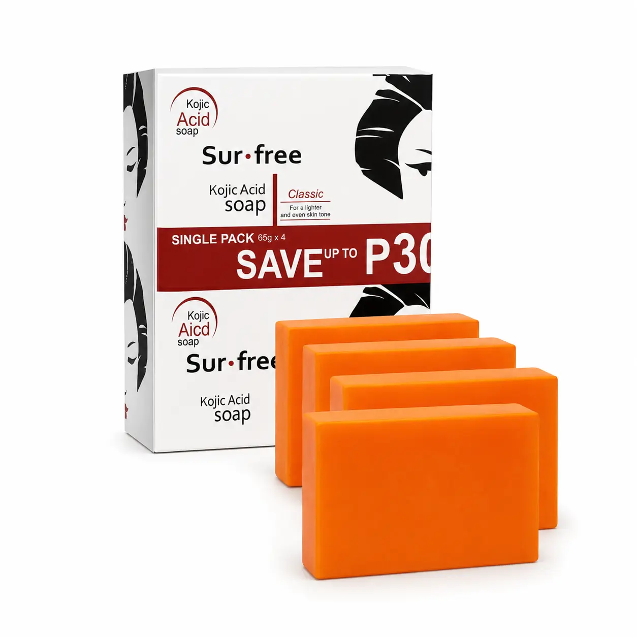 Surfree Kojic Acid Soap Bars, 4-Pack 65g Each Brightening Cleanser with Creamy Lather, Exfoliating & Skin Repair Benefits for Daily Body Care
