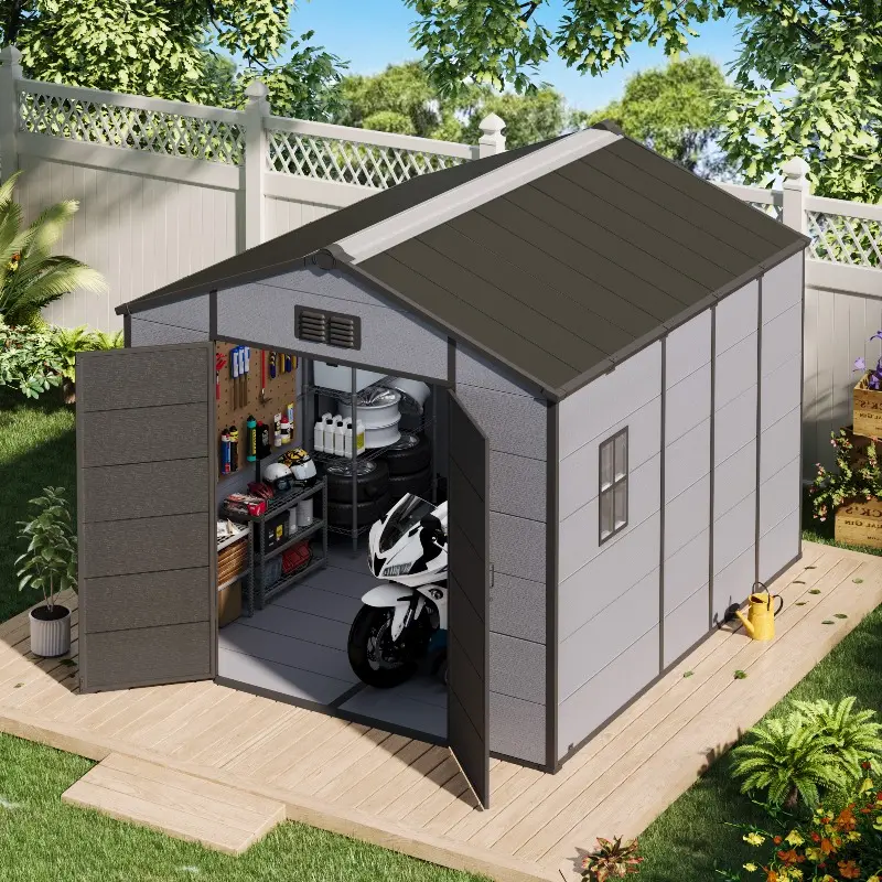 8x10 FT Outdoor Storage Shed, Weather-Resistant Shed with Lockable Double Doors & Built-In Floor, Sloped Roof Outdoor Shed for Backyard, Patio & Lawn, Black