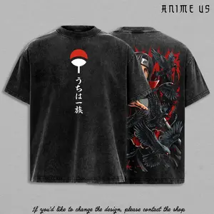 Uchiha Clan Slayer Red Eye Clan Crow Illusion Shinobi Anime Vintage Washed Oversized Graphic Tee Dark Ninja Streetwear Shirt
