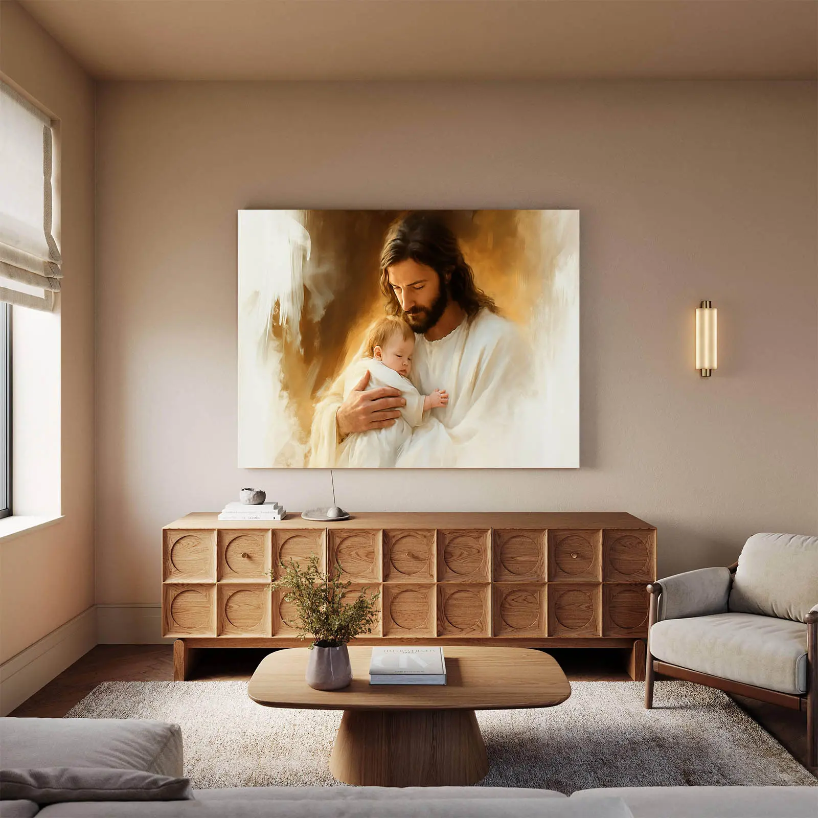 Wall Art Wall Decor Posters Jesus Holding Sleeping Baby Christian Canvas Oil Painting Warm Golden Tones Guard Innocence Comfort Ideal Gift For New Parents Baptism Baby Shower Home Nursery Prayer Room Religious Ornaments