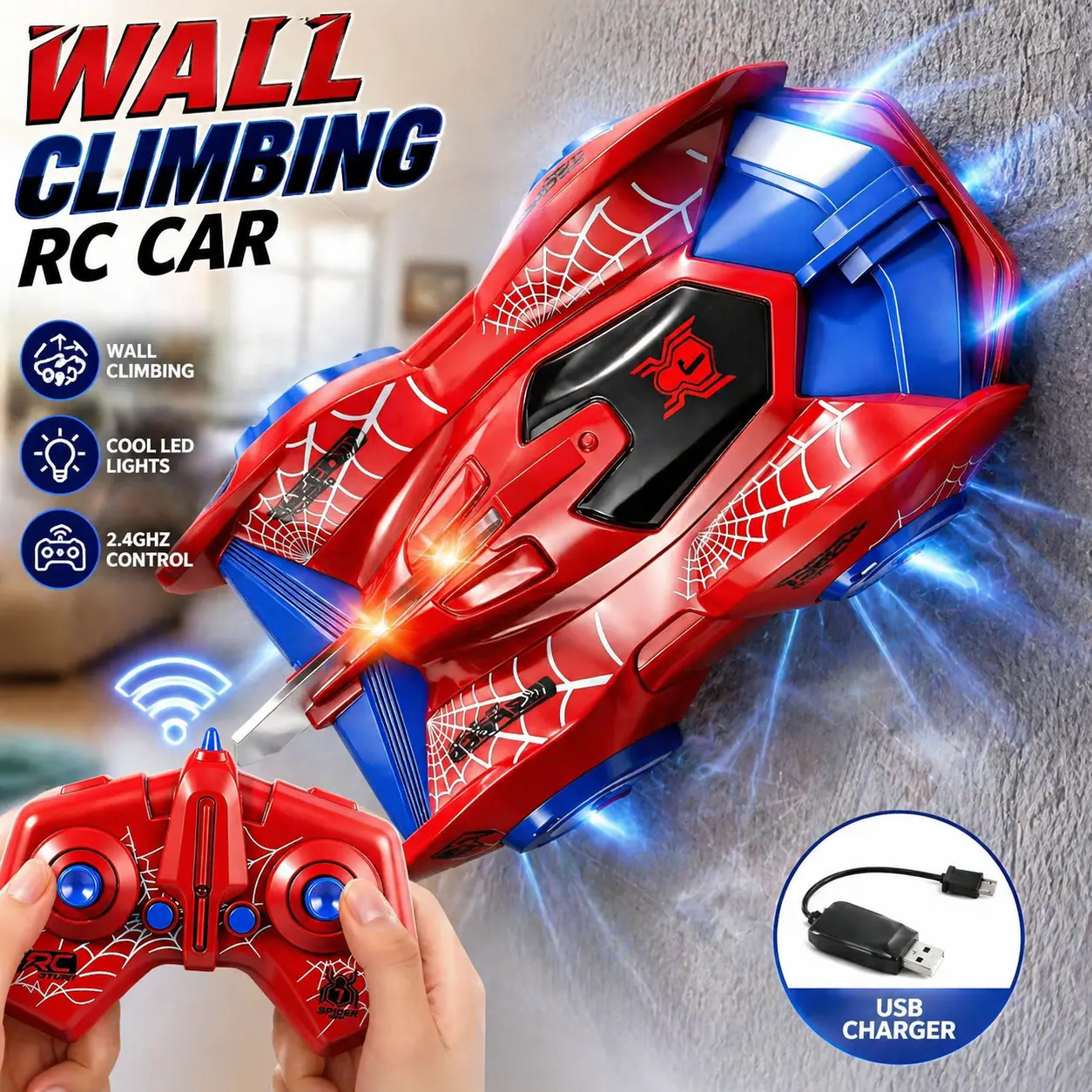 Spider Style Wall Climbing RC Car for Kids, Rechargeable Remote Control Car with LED Lights, 2.4GHz Indoor Wall Racer Toy for Smooth Walls Ceiling Window