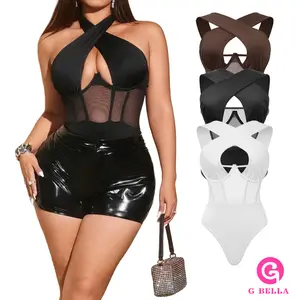 GBELLA Women’s Sleeveless Bodysuit, Viral Crisscross Neckline Mesh Slim Fit Breathable Stretchy, Top Womenswear Clothing Lingerie, Perfect for Beach Vacation Summer Outfits Fashion Item Holiday Gifts