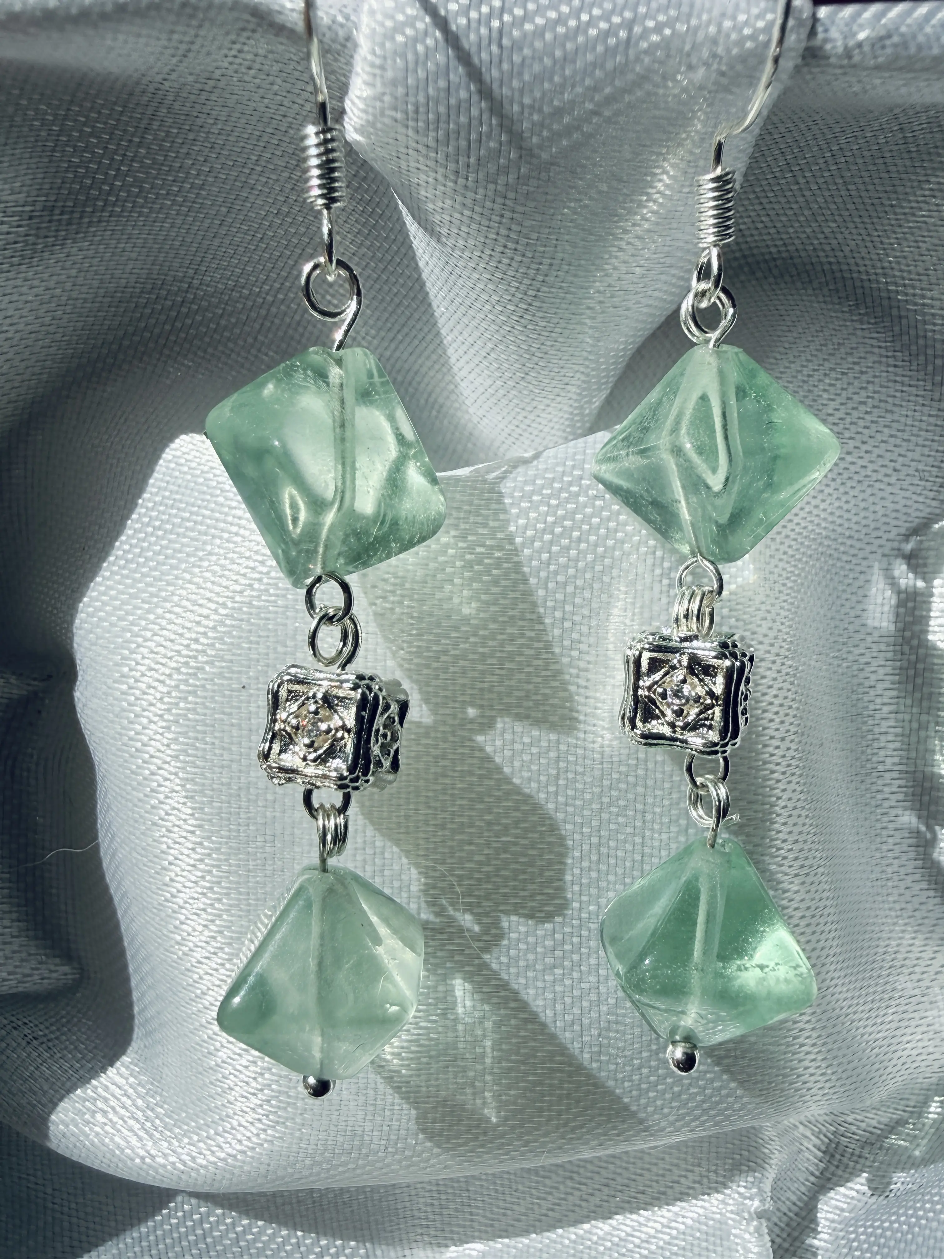 Natural Fluorite Dangle Earrings – Soft Green Crystal, Handmade