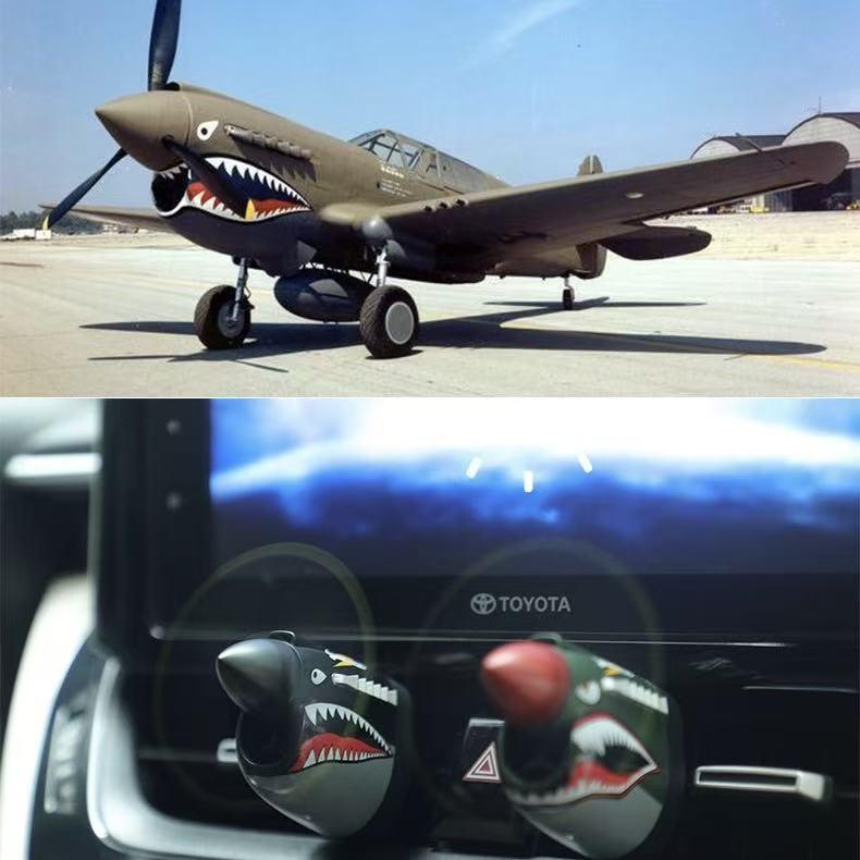 P-40 Fighter Aircraft Aromatherapy Cart 2025 New Mechanical Classic Design Shark Tiger Head Grille Battery Free Air Freshener Small Propeller Ventilation System Compressed Fragrance Refills Green