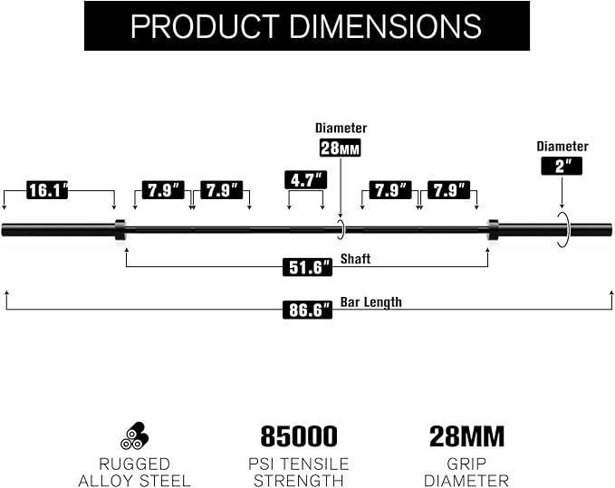 RITFIT Olympic Barbell 4ft/6ft - 2 Inch Weight Bar for Strength Training, Weightlifting, Squat, Deadlift, Bench Press, Curl, Overhead Press - 350lbs/500lbs Capacity