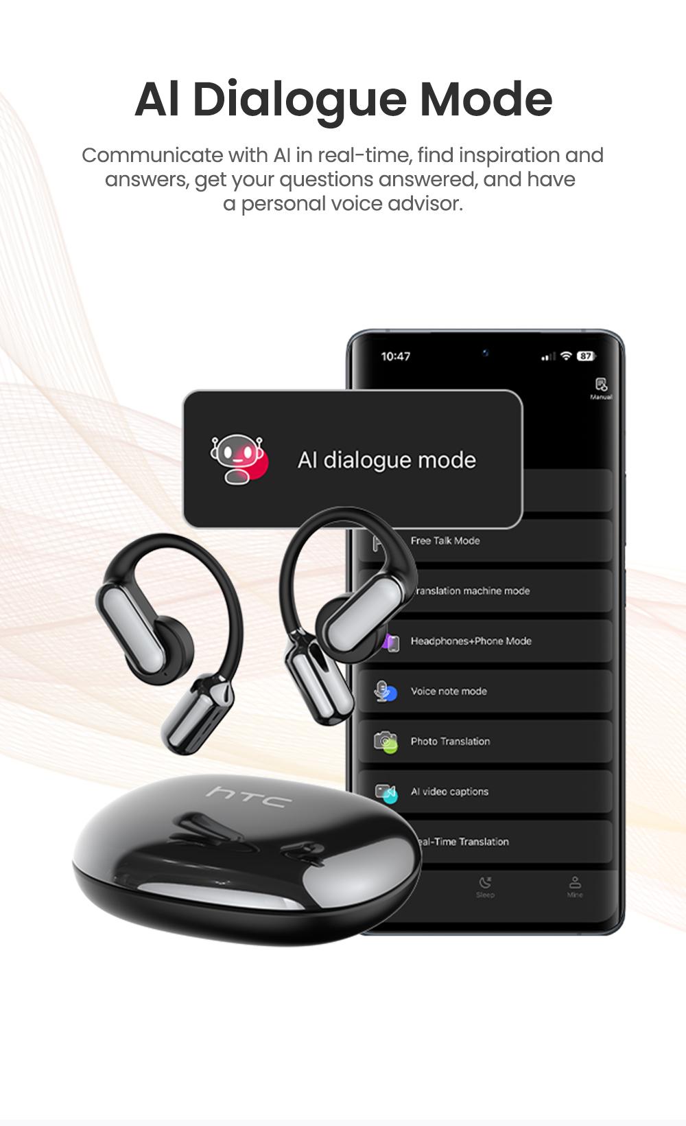 HTC NE50 True Wireless Open Earbuds (OWS), removable battery, long standby time, 134 language translation, Bluetooth 6.0, touch control, lightweight, built-in K microphone, supports music and calls