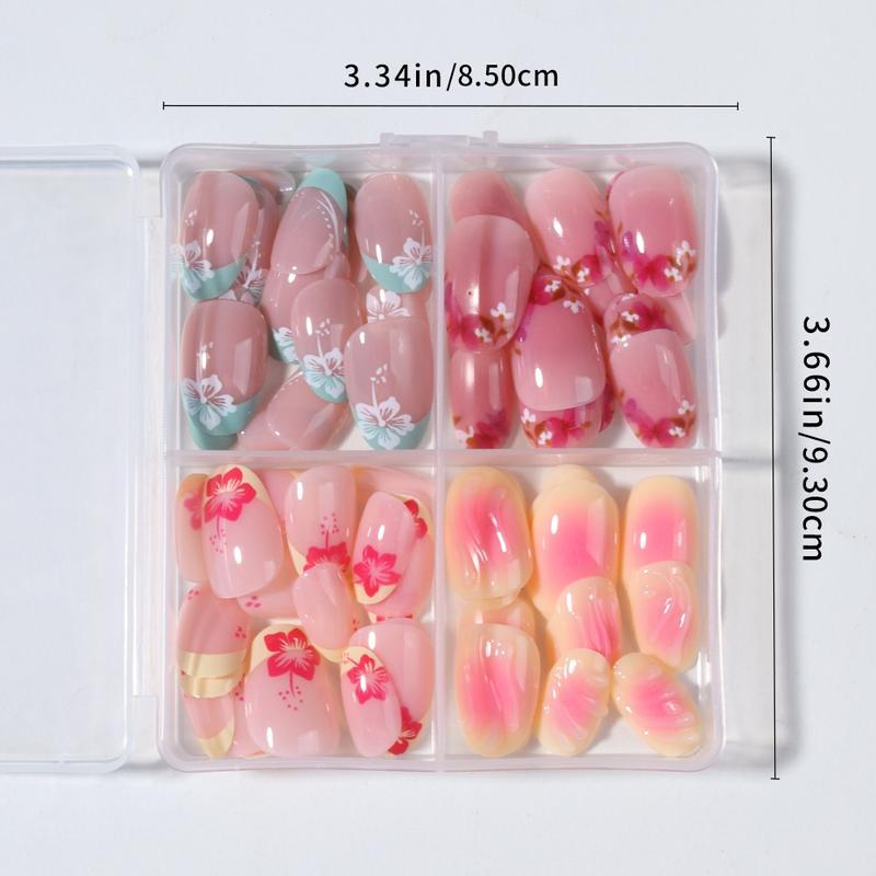 96pcs Short Oval False Nails, Multicolor Floral French Style, Y2K Acrylic Press-On Nails, Reusable for Women and Girls, DIY Nail Kit