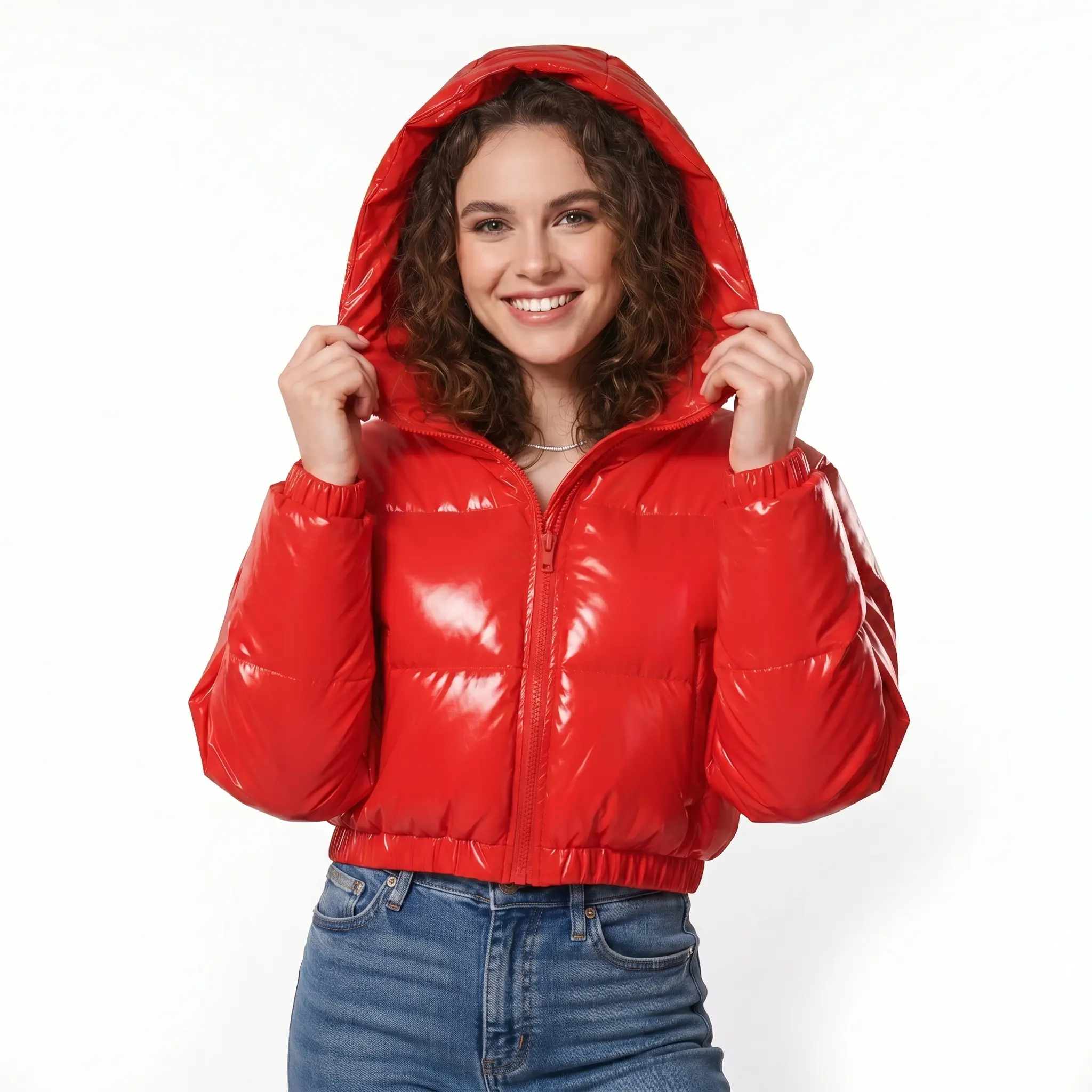 Women's Fashion Fitted Shiny Cropped Puffer Jacket - Lightweight, Quilted, Hooded, Long-Sleeved, Polyester, Casual Winter Everyday Wear, Zipper, Easy Wash Care, Dry Clean Compatible, Cold Wash Safe