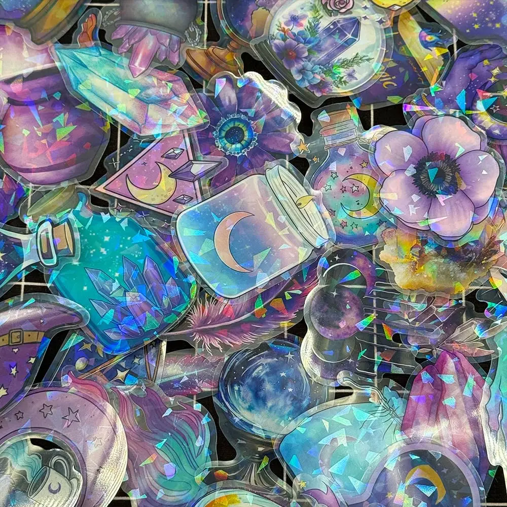 50 Pcs Magic Witch Holographic Stickers for Teens - Transparent Waterproof PET Accessories for Journal, Smartphone, Cellphone, Devices, Casing, Laptop - Ins Aesthetic Home Decor Scrapbook Decorations