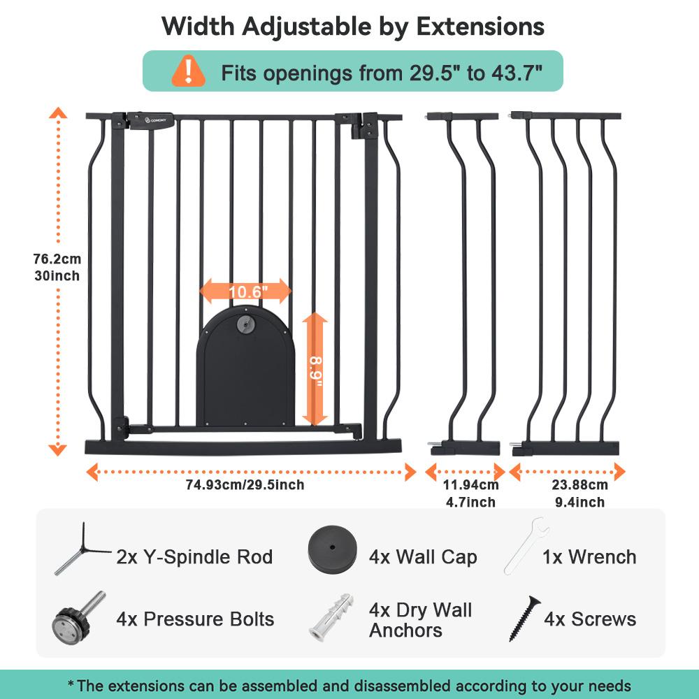 29.5-48.4" Baby Gate with Adjustable Cat Door,Extra Wide Metal Cat Gate for Stairs Doorways, Auto Close Dog Gate with Pet Door for House, Pressure Mounted Easy Walk Through (30" Tall, White)