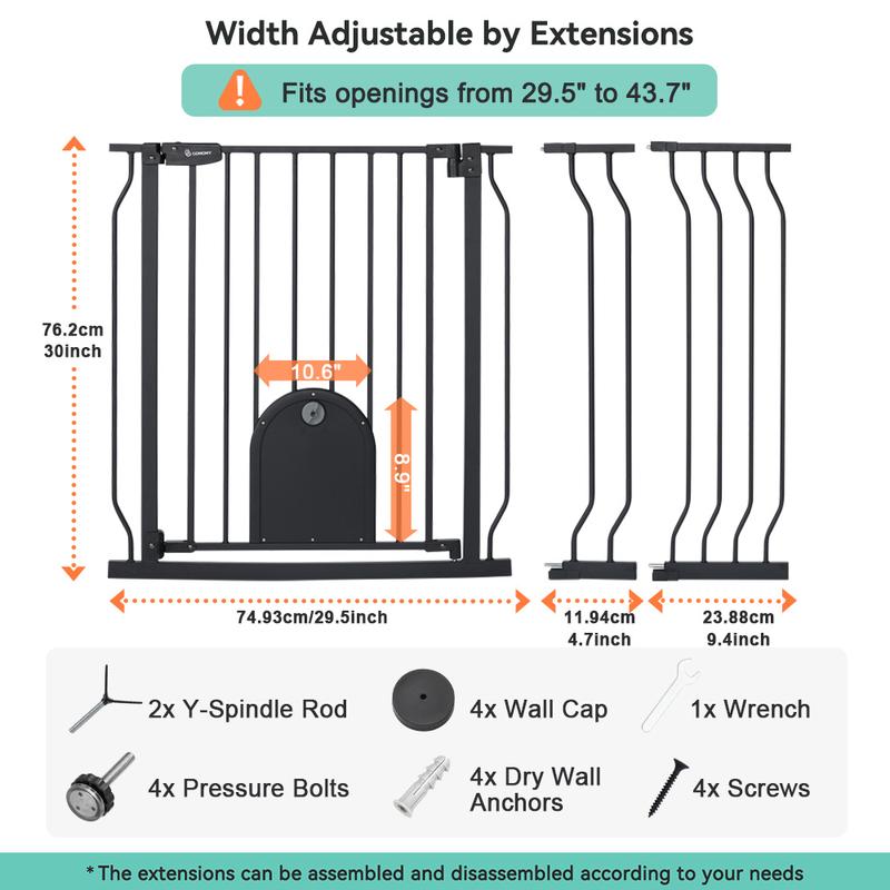 29.5-48.4" Baby Gate with Adjustable Cat Door,Extra Wide Metal Cat Gate for Stairs Doorways, Auto Close Dog Gate with Pet Door for House, Pressure Mounted Easy Walk Through (30" Tall, White)