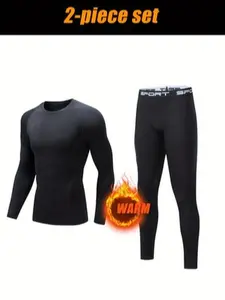 Two-piece fleece-lined sportswear set: warm thermal underwear and leggings for autumn and winter, suitable for morning and evening runs and fitness training.