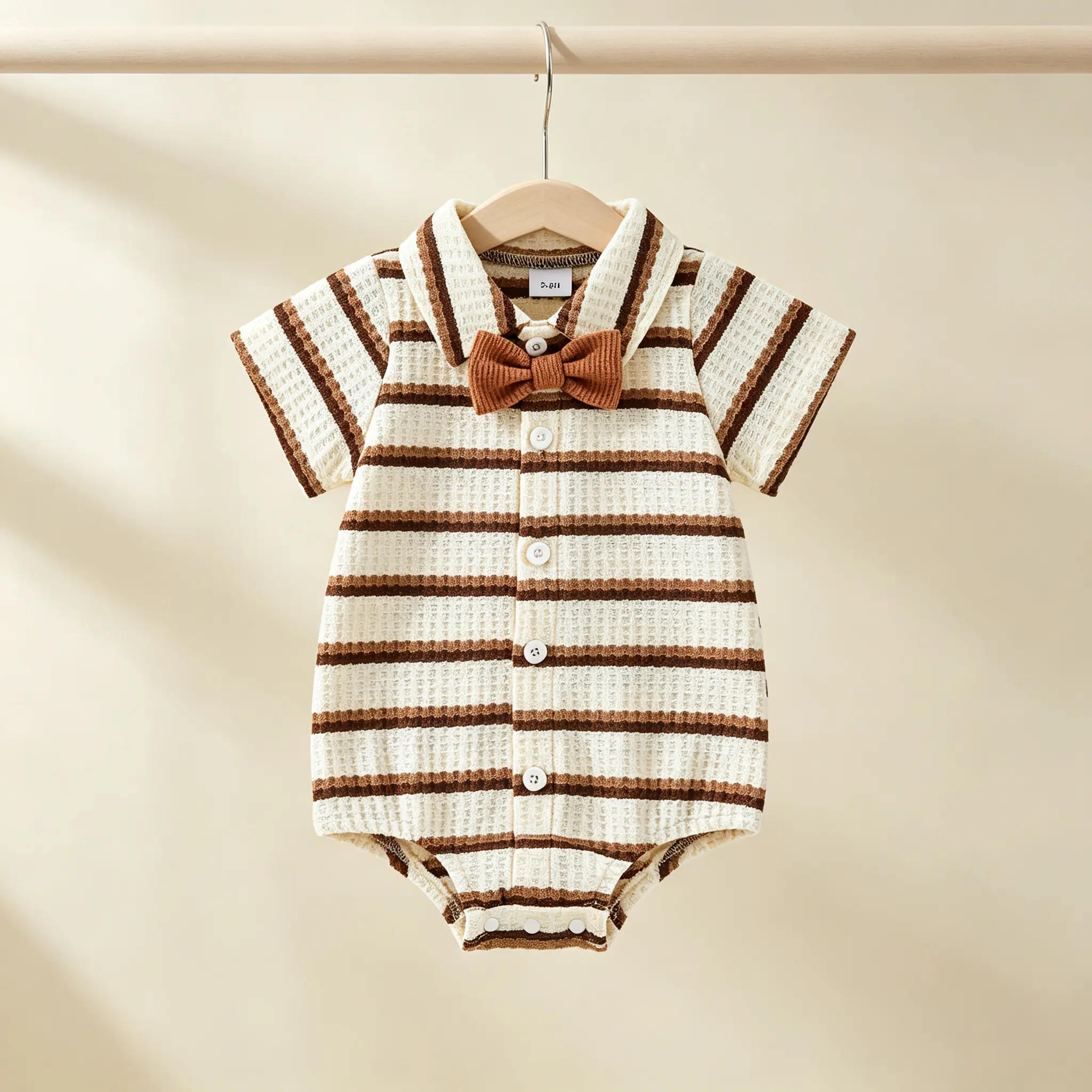 Baby Boy Striped Bowtie-Accent Romper, Short-Sleeve Collared Button-Up Jumpsuit, Cute Polyester Blend Newborn Summer Baby Boy Clothes